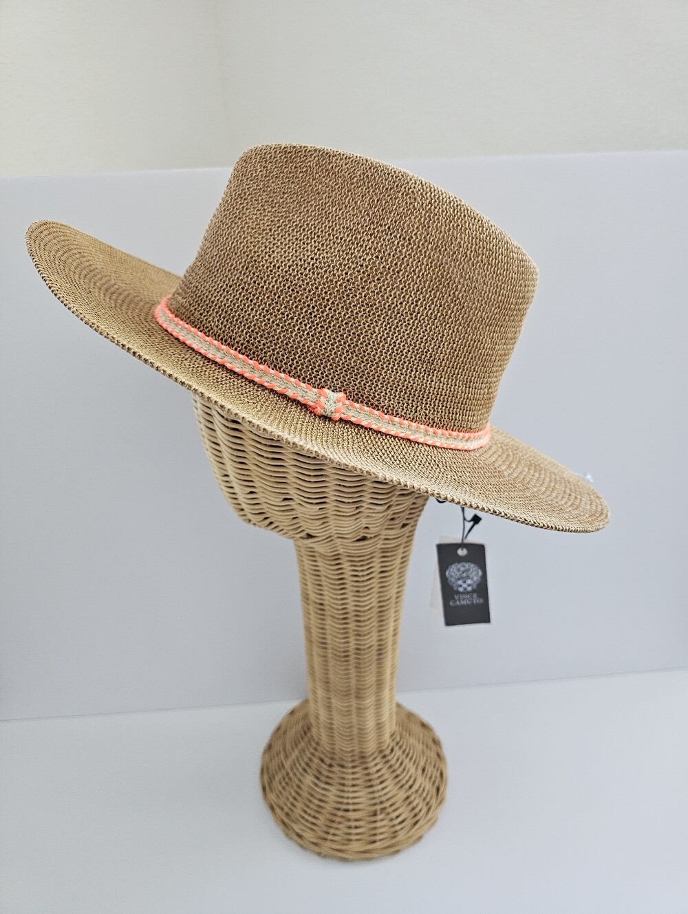 NWT Vince Camuto Straw Panama Hat | Tan Woven Sun Hat with Peach Ribbon Trim